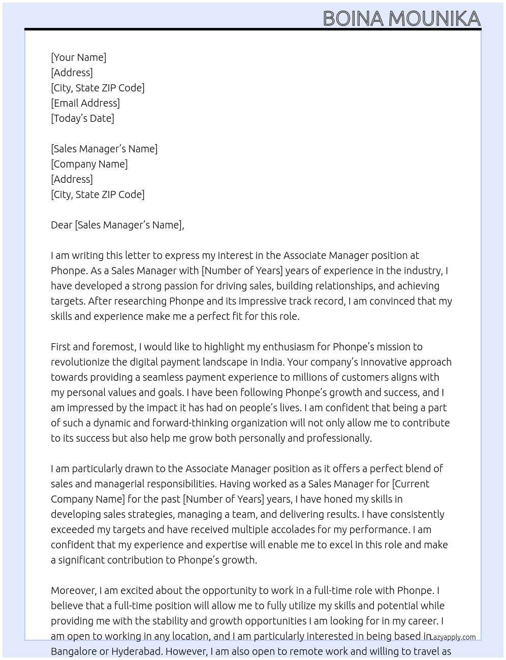 ASSOCIATE MANGAER At PHONPE Cover Letter