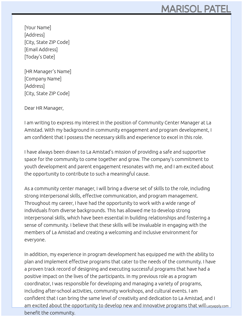 Community Center Manger At La Amistad Cover Letter