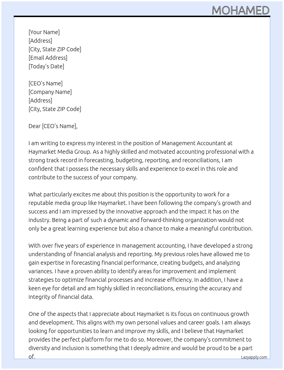 Management Accountant At Haymarket Media Group Cover Letter