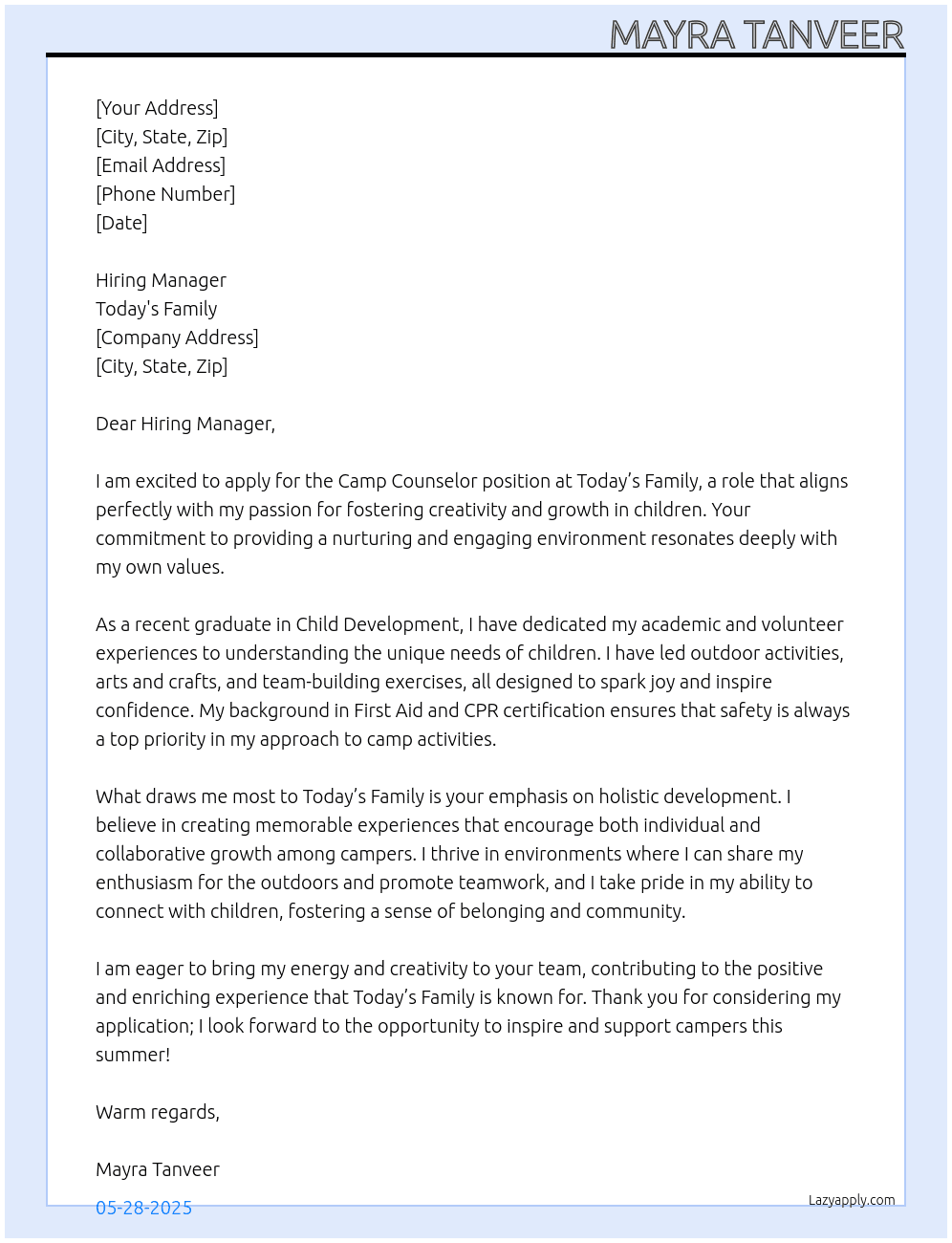 Camp counseller At Today's Family Cover Letter