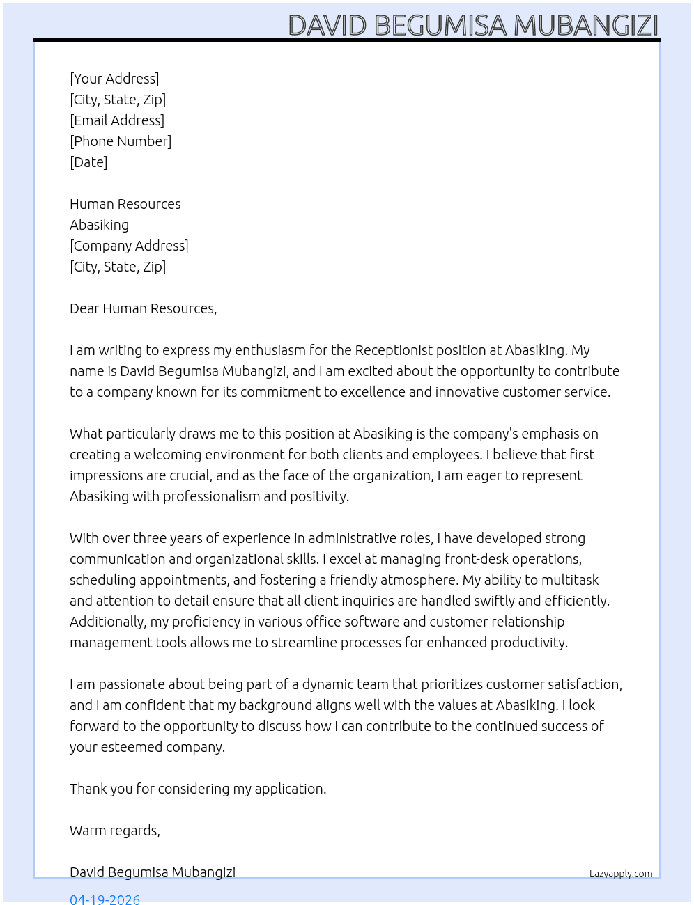 Receptionist At Abasiking Cover Letter