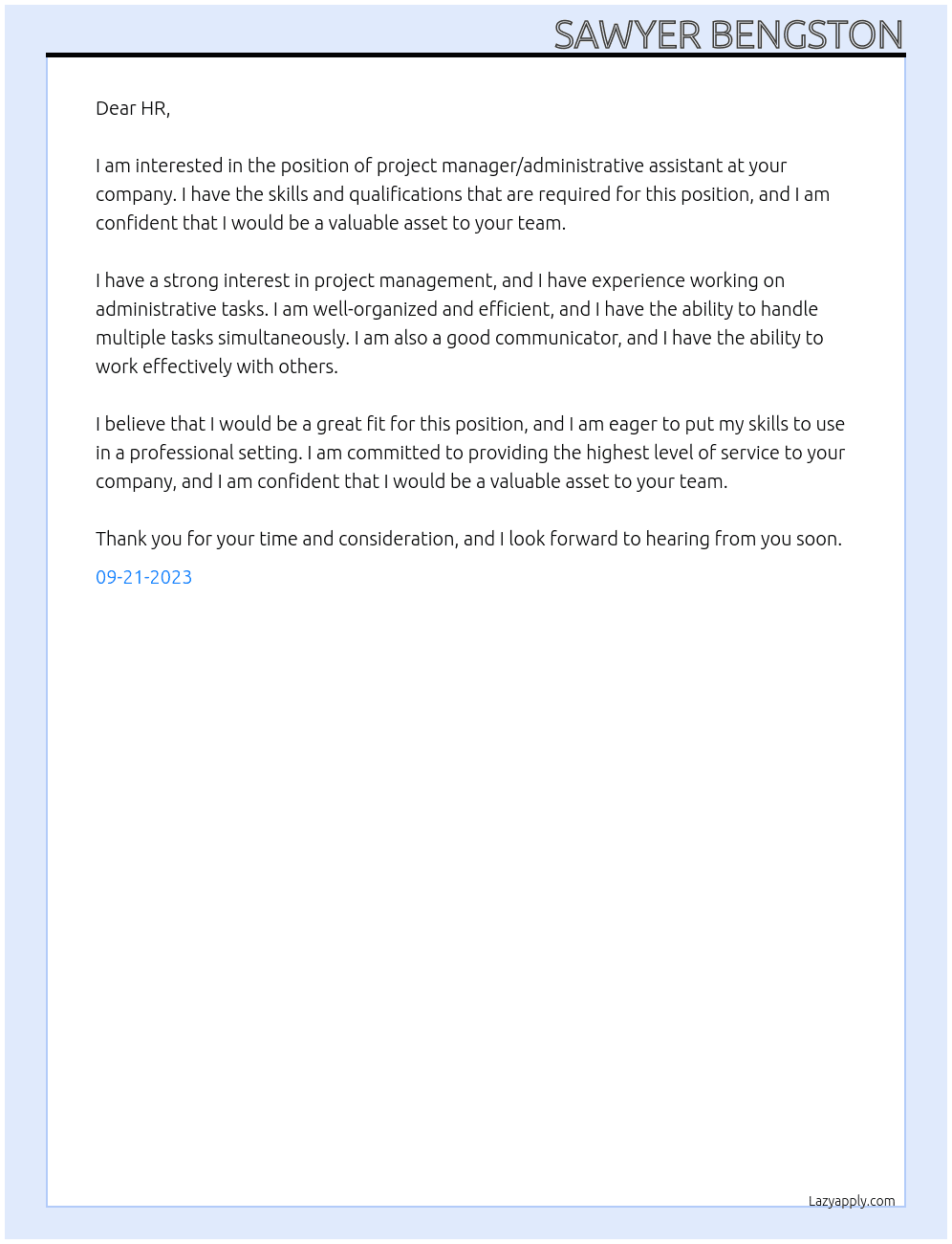 project manager/administrative assistant At administrator Cover Letter