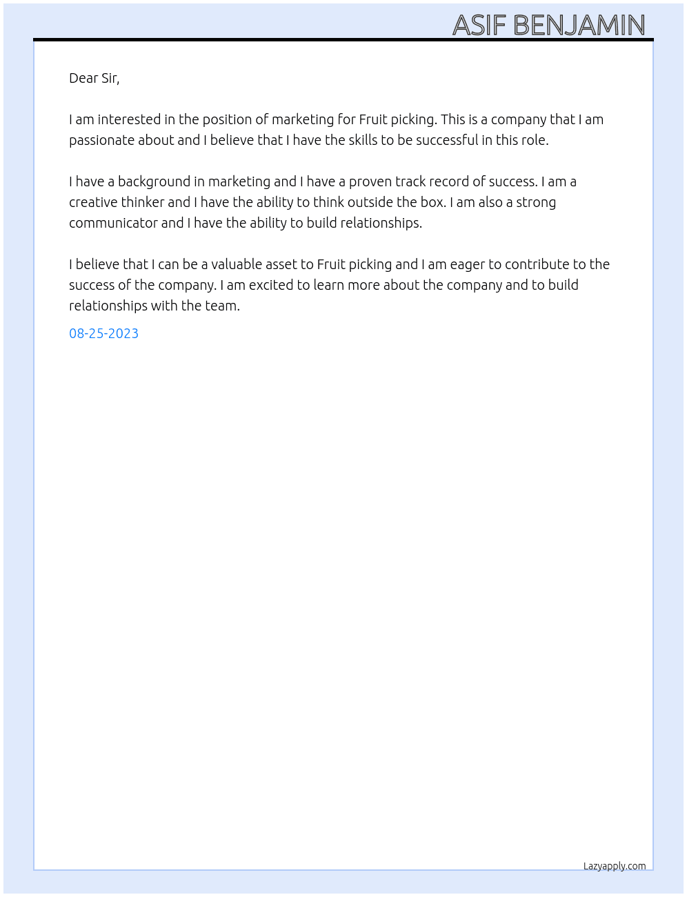 Marketing  At Fruit picking  Cover Letter