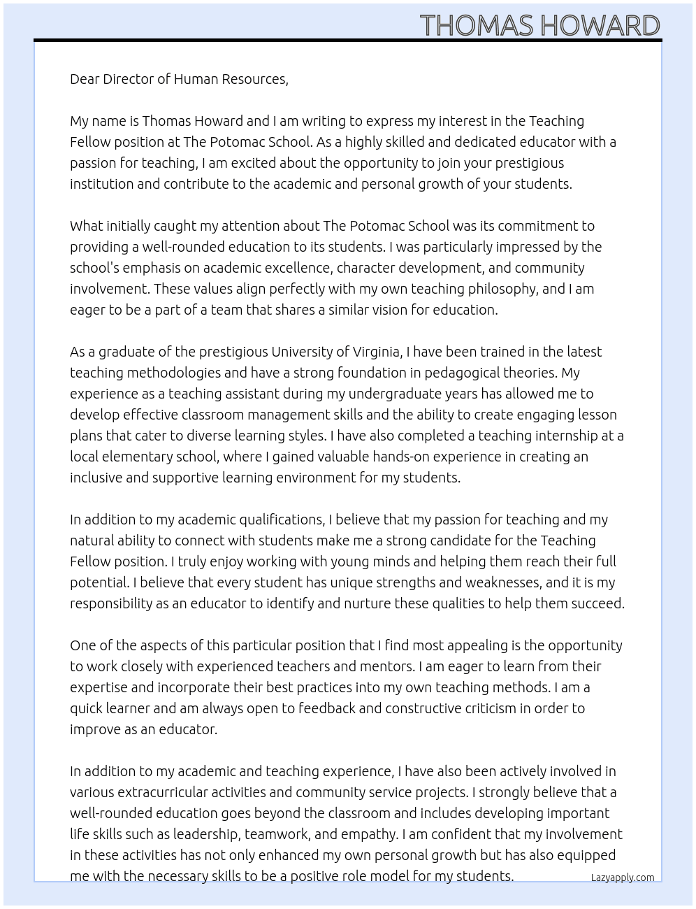 Teaching Fellow At The Potomac School Cover Letter