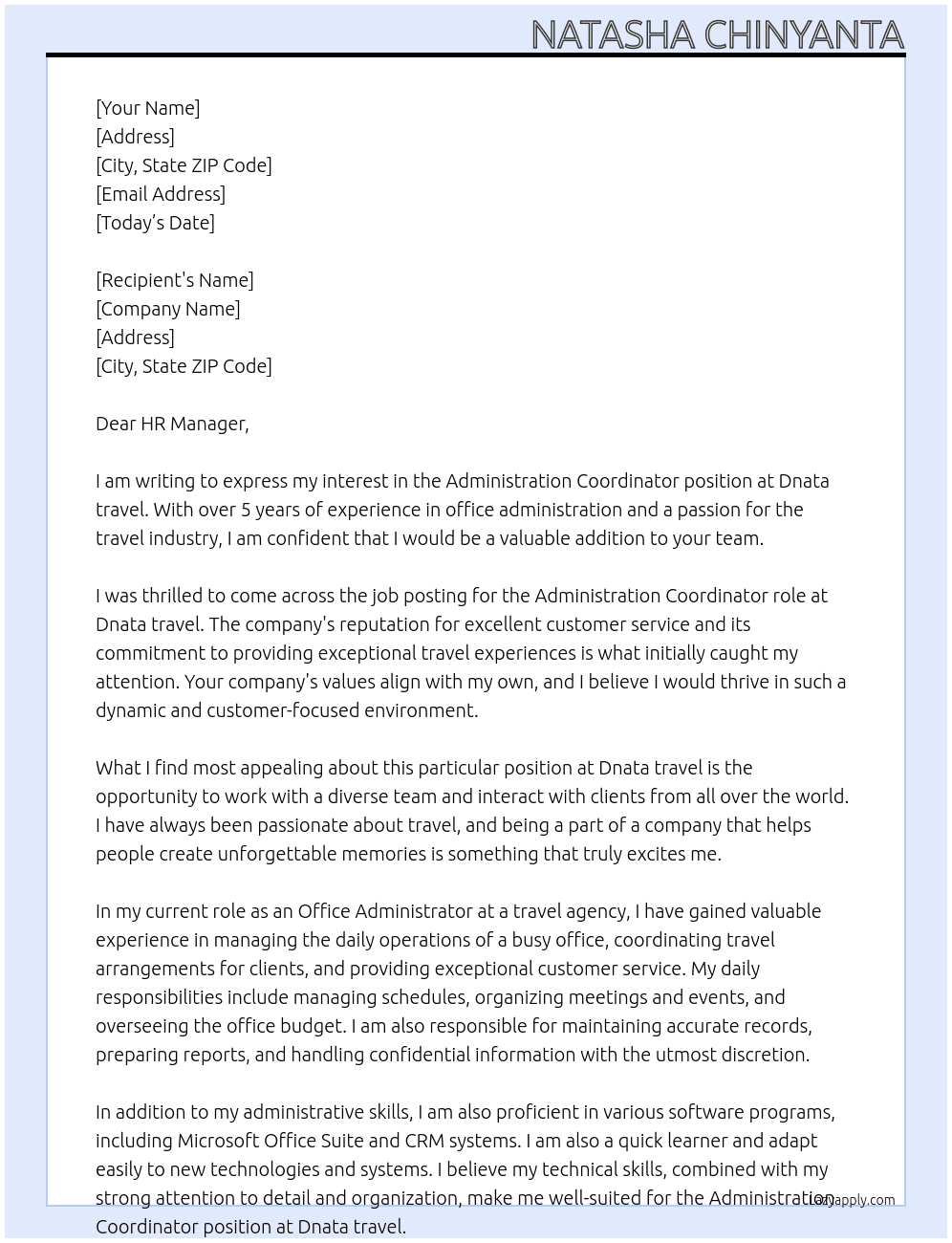 Administration Coordinator  At Dnata travel Cover Letter
