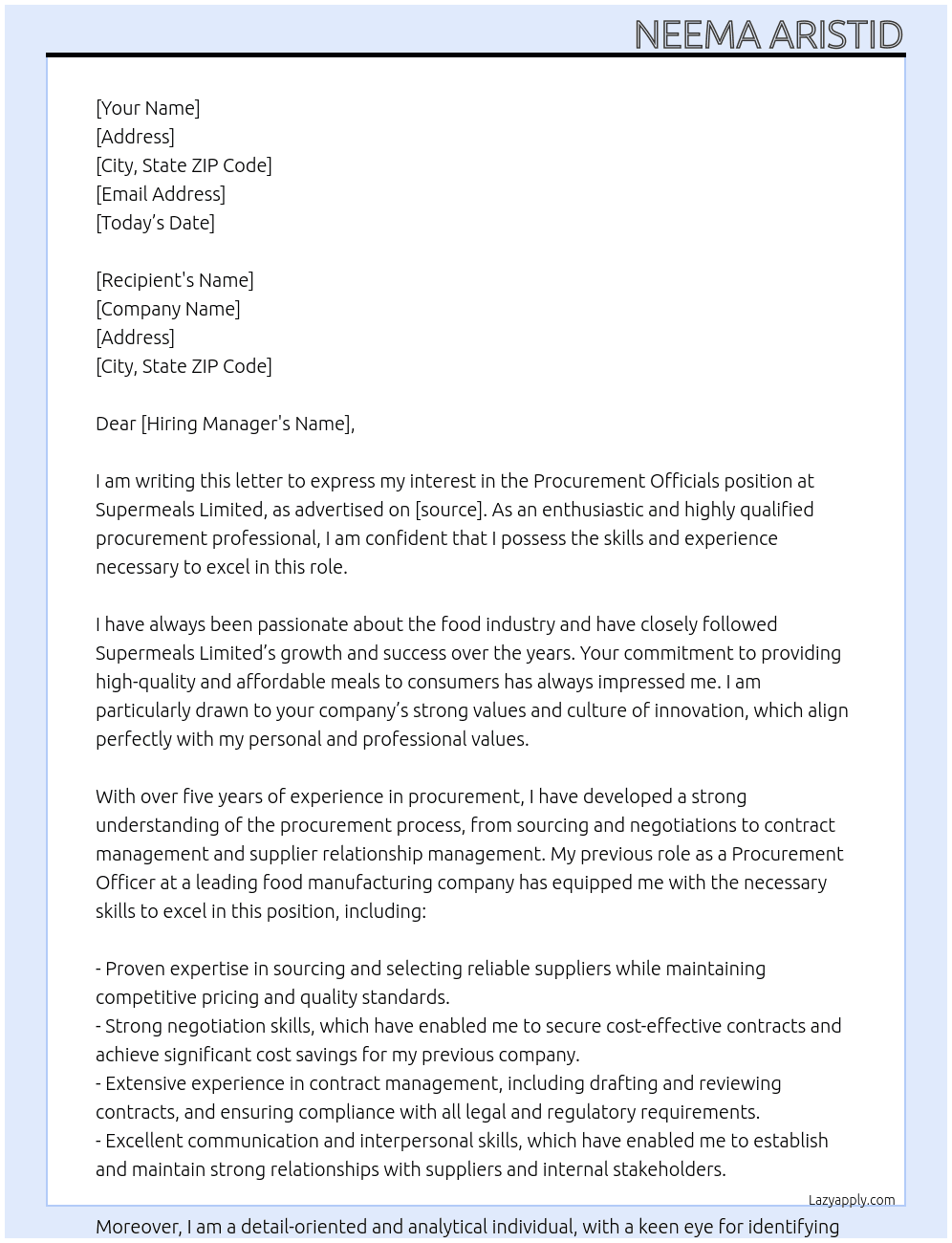 procurement officials  At Supermeals limited Cover Letter