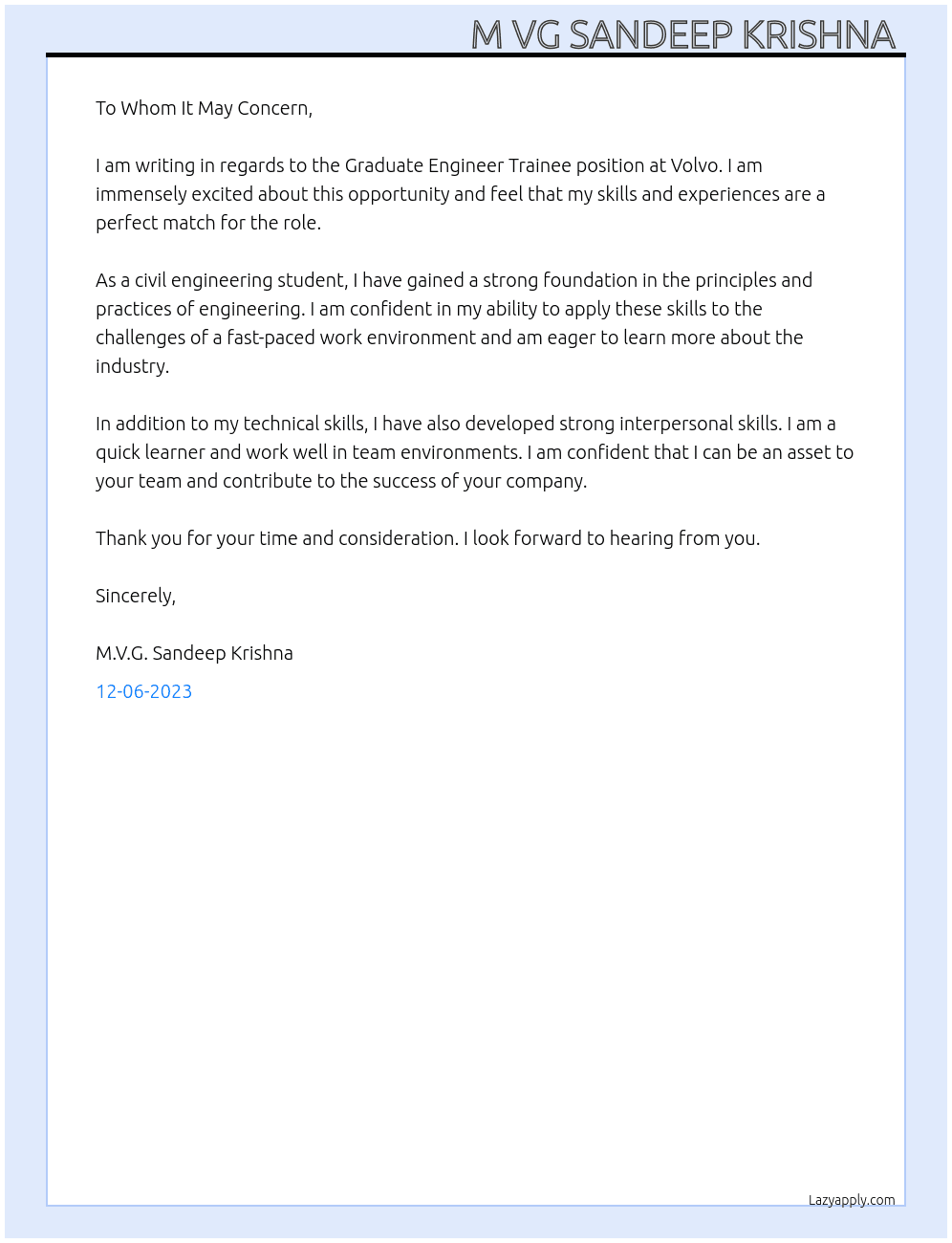 Graduate engineer trainee At volva Cover Letter