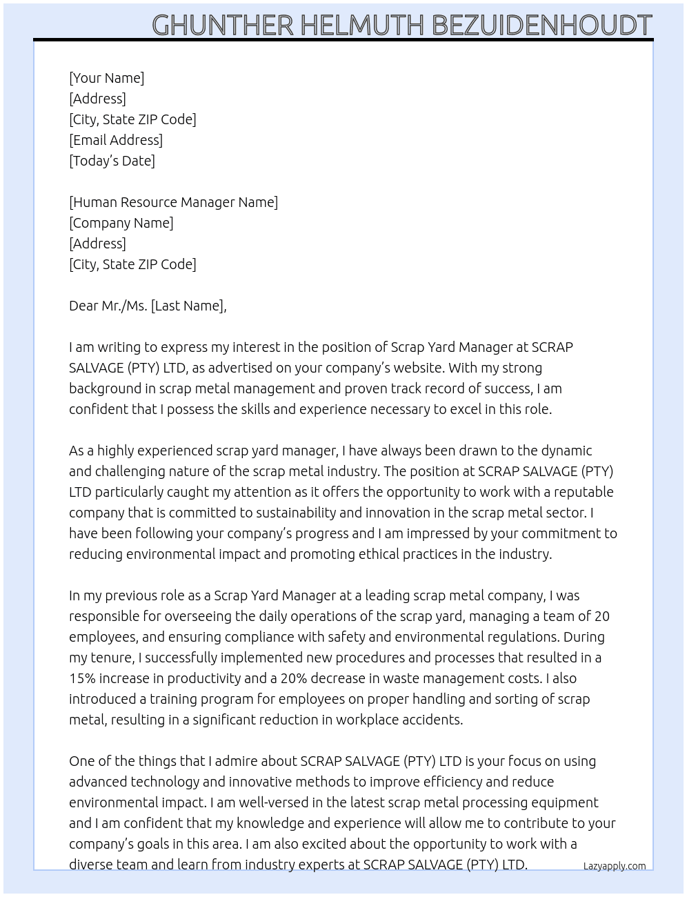 Cover letter for scrap yard manager - LazyApply