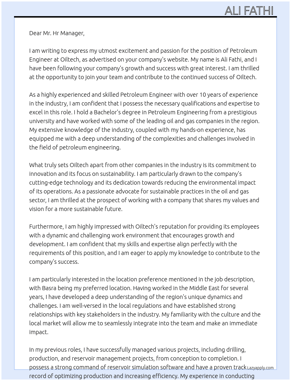 Petroleum engineer  At Oiltech  Cover Letter