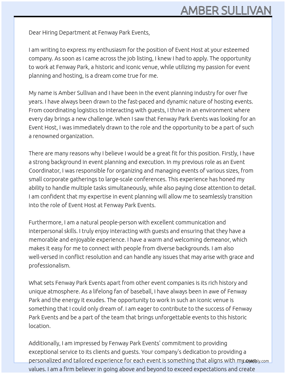 Event Host At Fenway Park Events Cover Letter