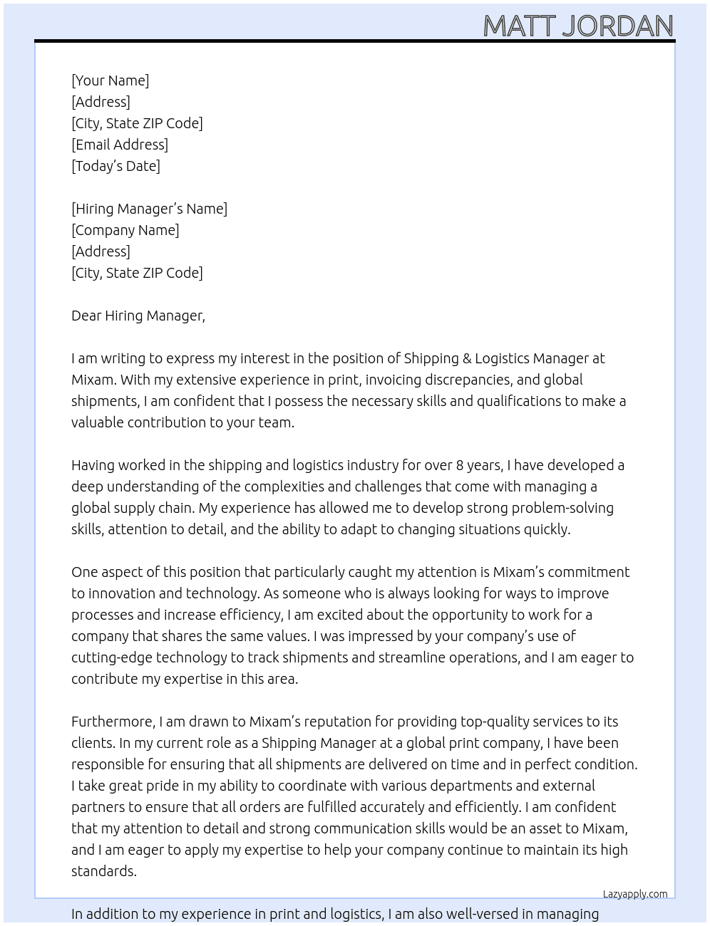 Shipping & Logistics Manager At Mixam Cover Letter