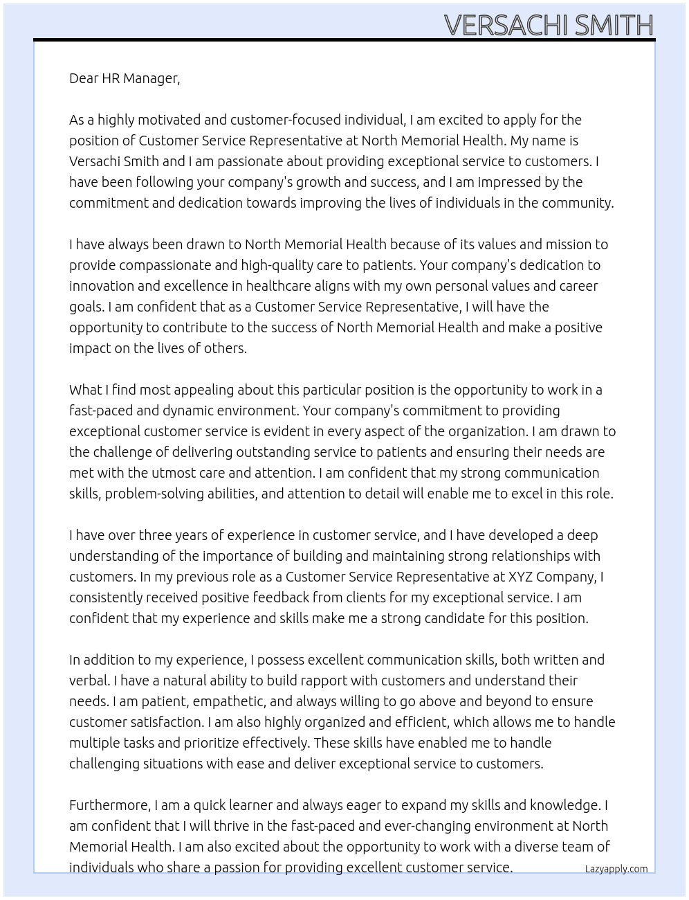 Customer Service Representative At North Memorial Health  Cover Letter