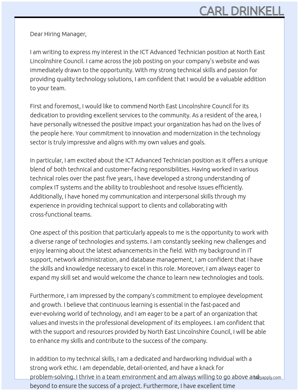 ICT Advanced Technician At North East Lincolnshire Council Cover Letter