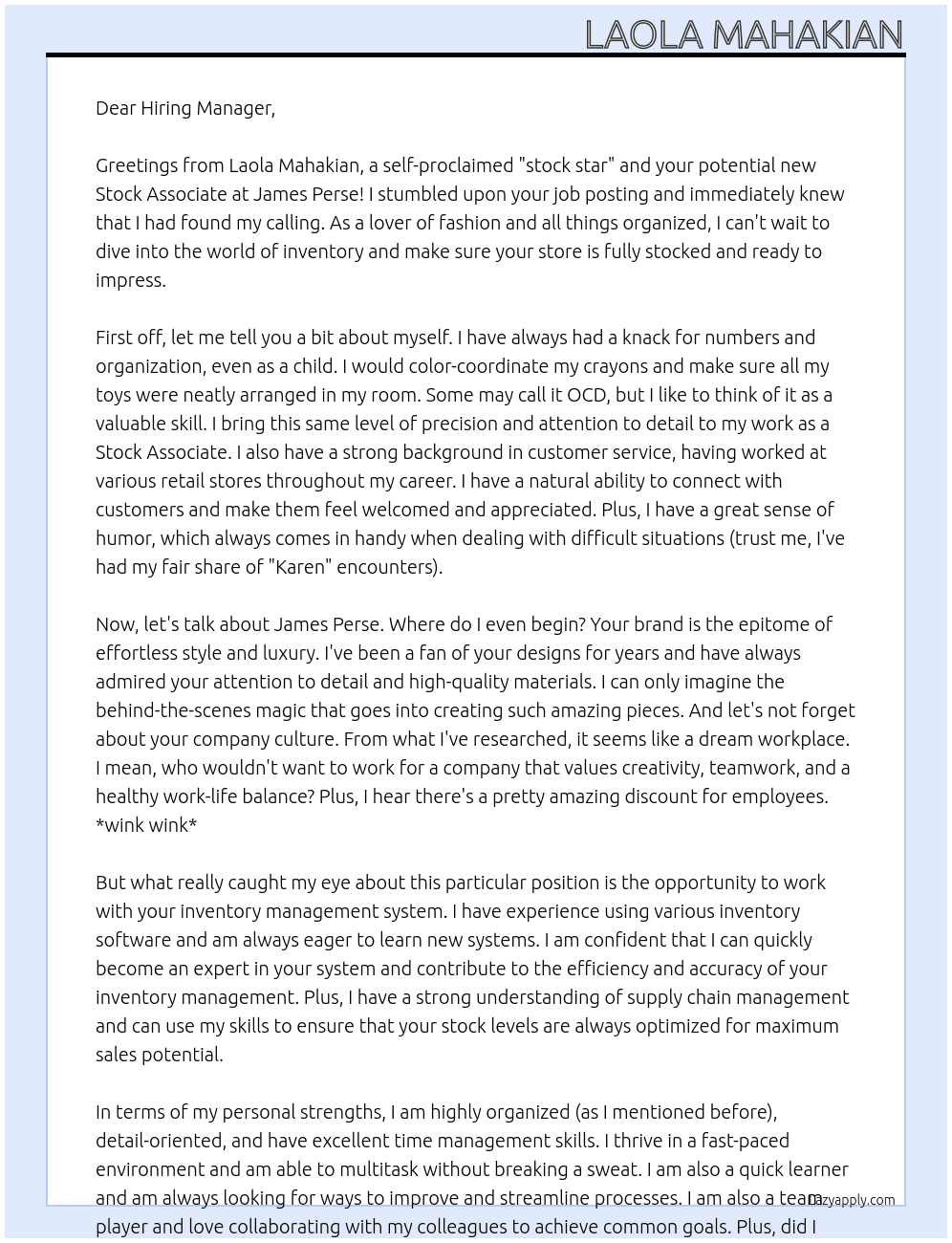 Stock Associate At James Perse Cover Letter