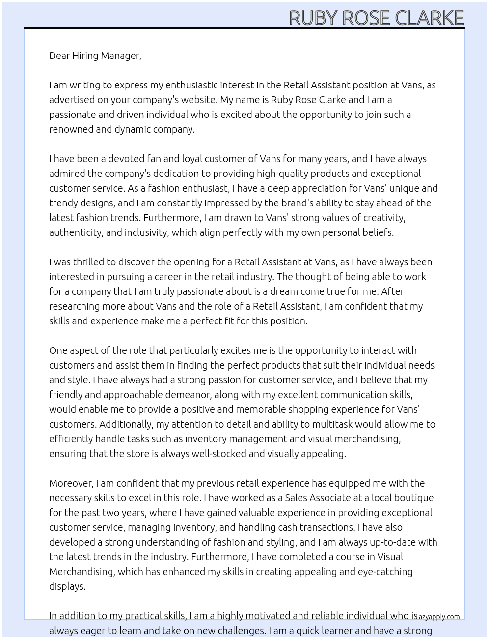 Retail assistane At Vans Cover Letter