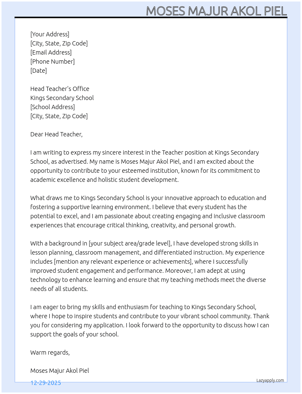 Teacher At Kings Secondary School  Cover Letter