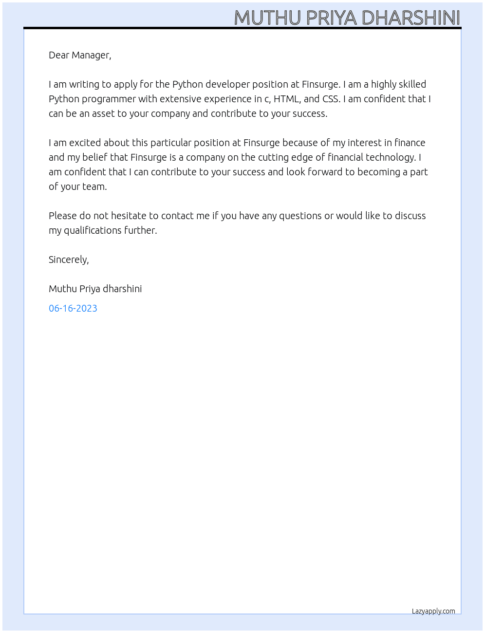 Python developer  At Finsurge Cover Letter