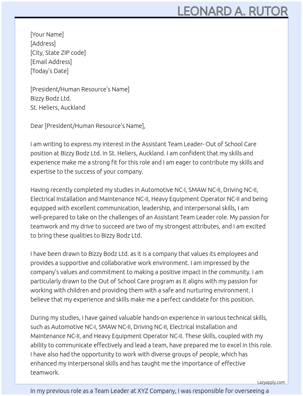 Assistant Team Leader- Out of School Care At Bizzy Bodz Ltd., St. Heliers, Auckland Cover Letter