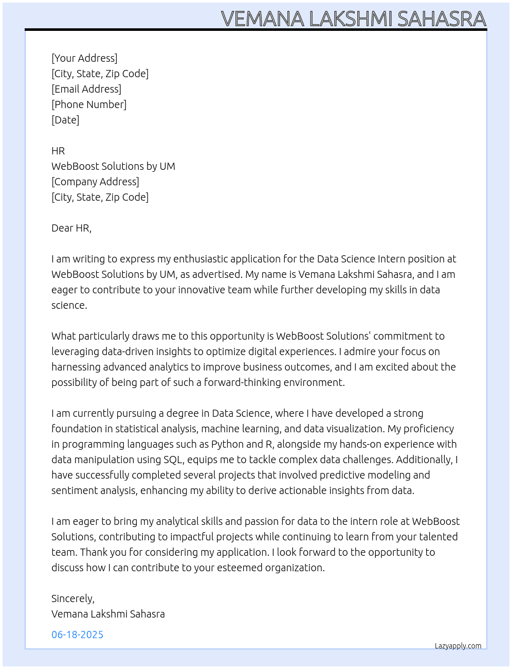 data science intern At WebBoost Solutions by UM Cover Letter