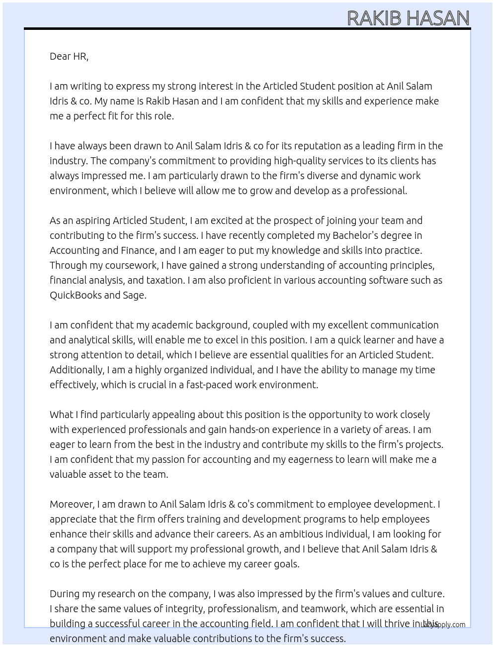 Articled Student  At Anil Salam Idris & co Cover Letter