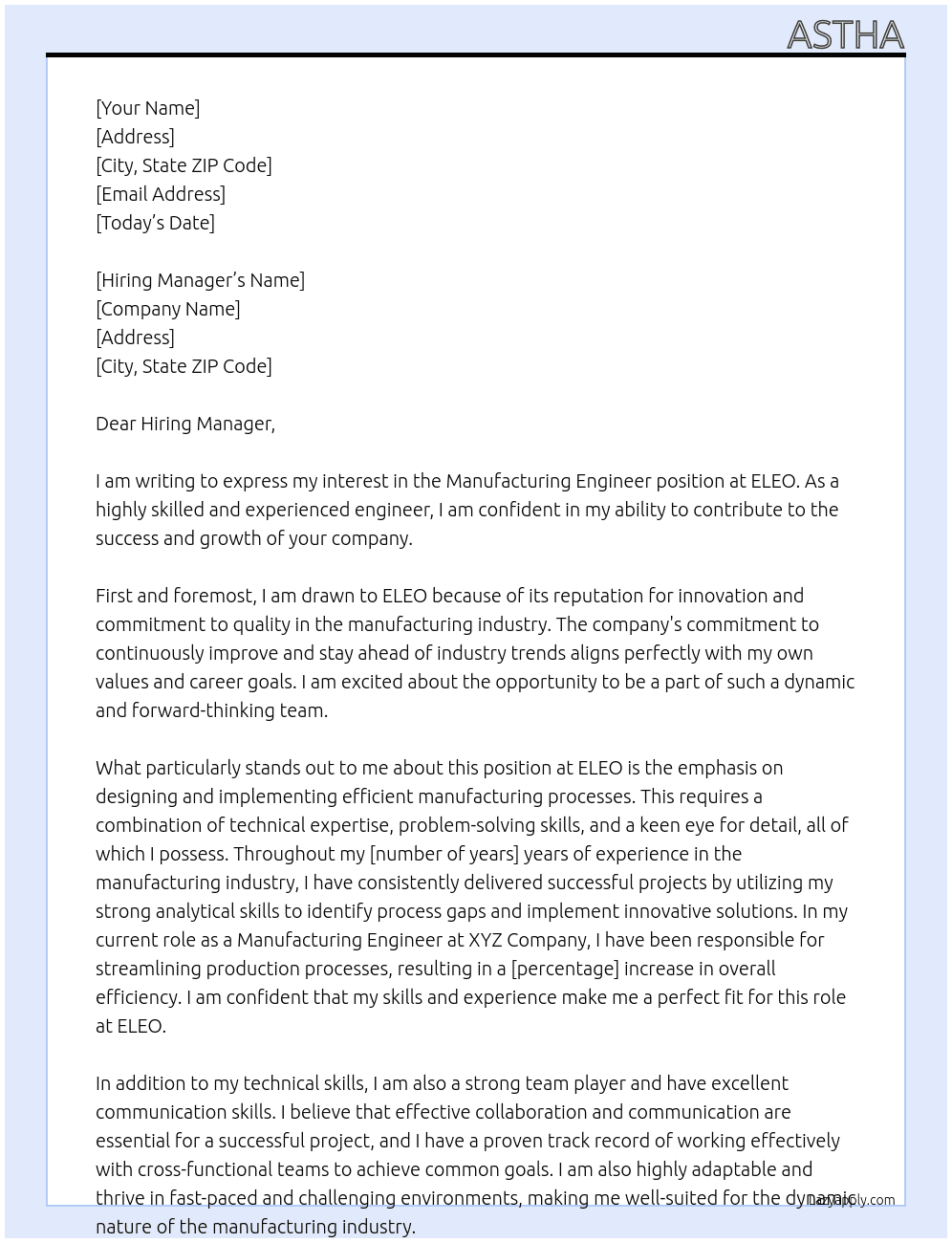 Manufacturing Engineer At ELEO Cover Letter