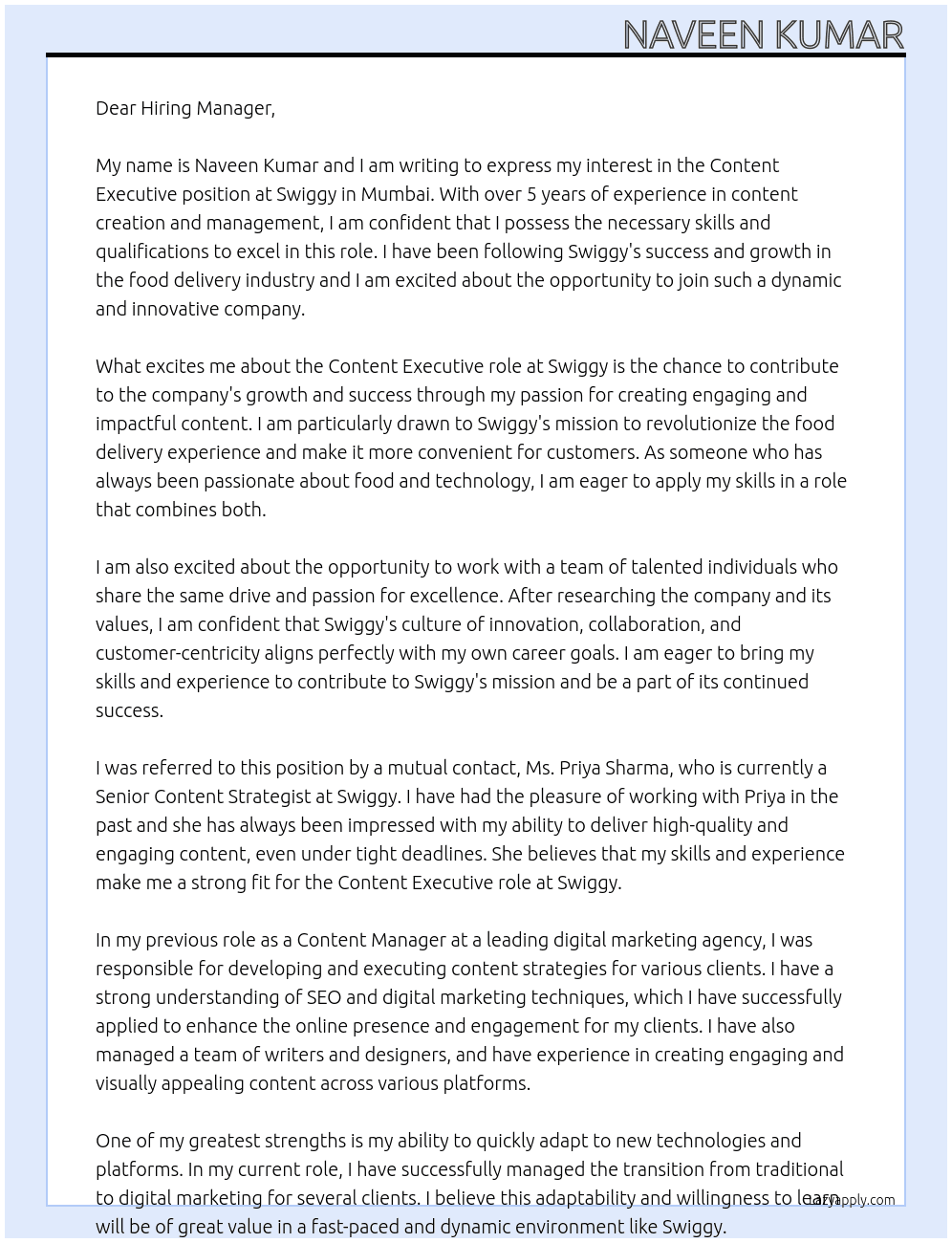 Content Executive   At swiggy Cover Letter