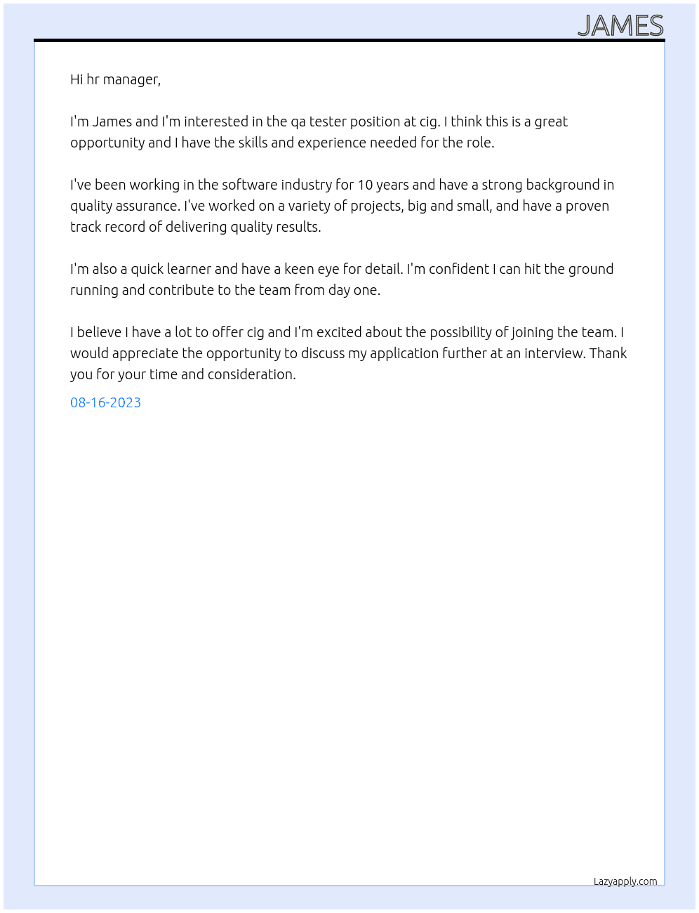 qa tester At cig Cover Letter