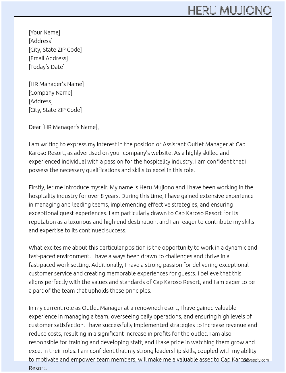 Assistant Outlet Manager At Cap Karoso Resort Cover Letter