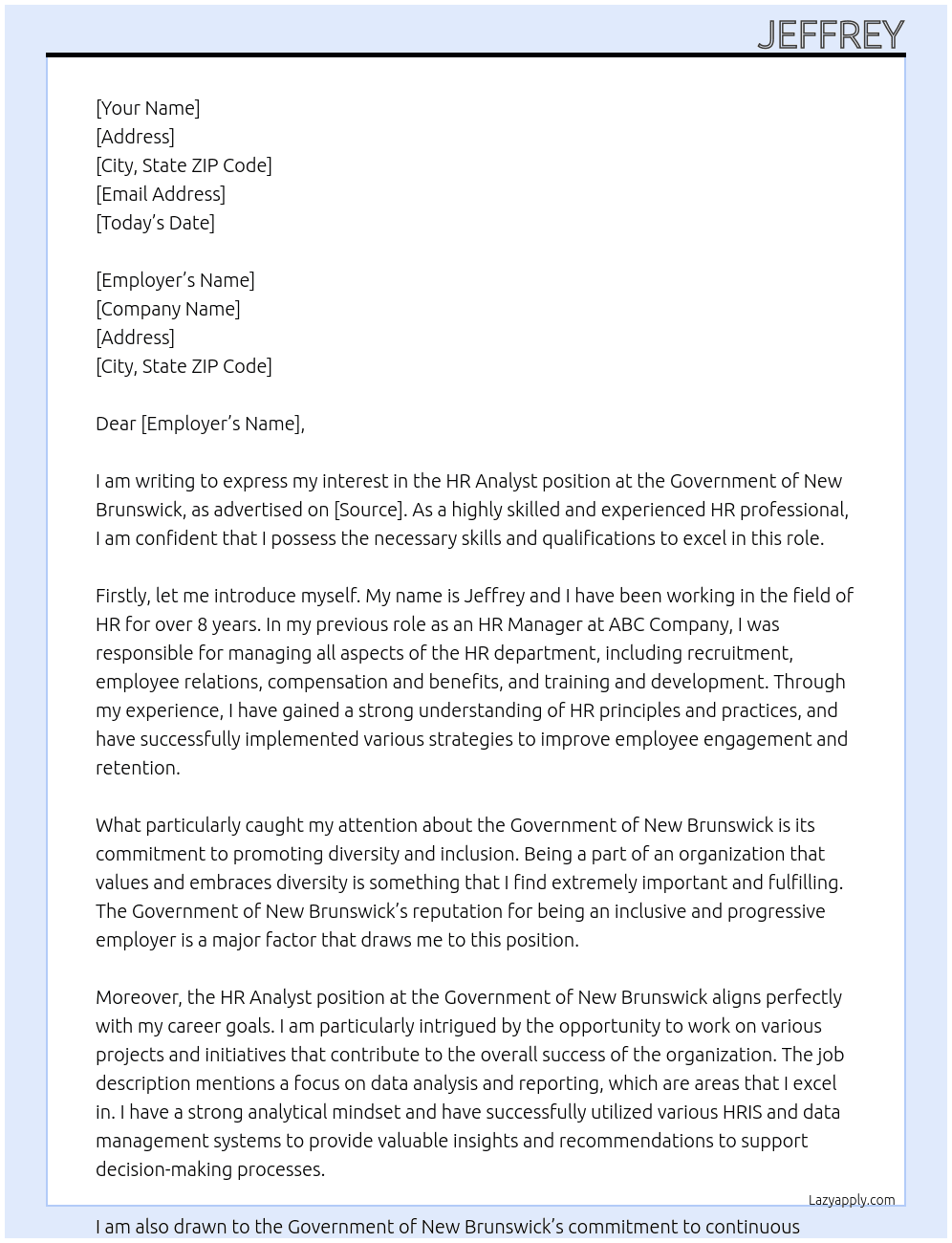 HR Analyst At Government of New Brunswick Cover Letter