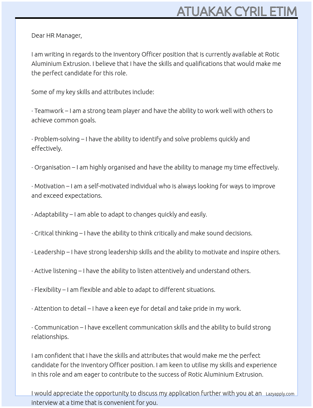 Inventory Officer At Rotic Aluminium Extrusion Cover Letter