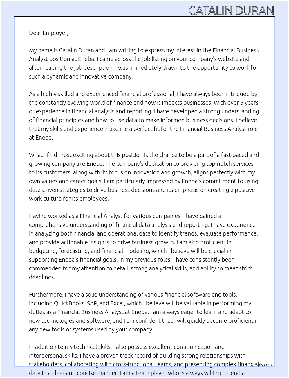 Financial business analyst At Eneba Cover Letter