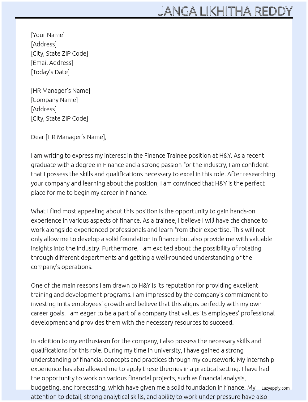 finance trainee At H&Y Cover Letter