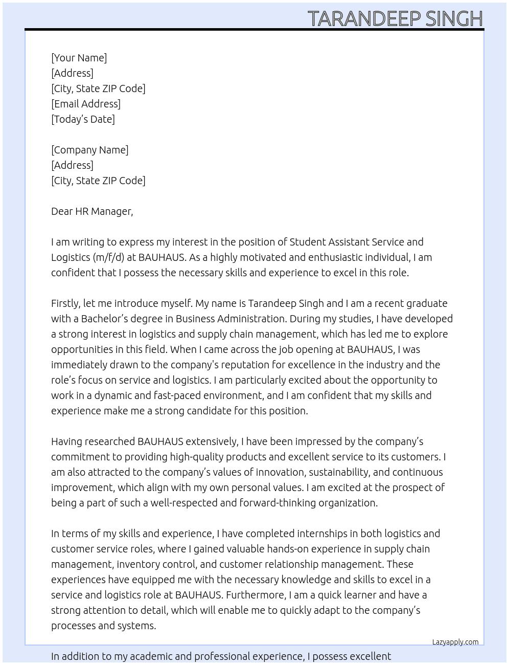 Student assistant service and logistics (m/f/d) mini job At BAUHAUS Cover Letter