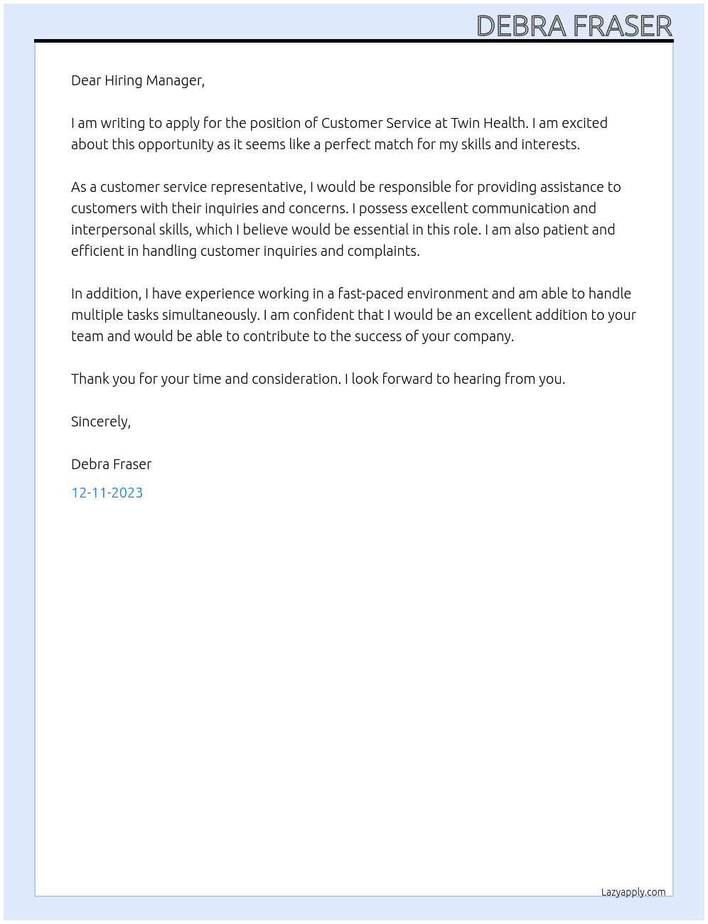 Customer service  At Twin Health Cover Letter
