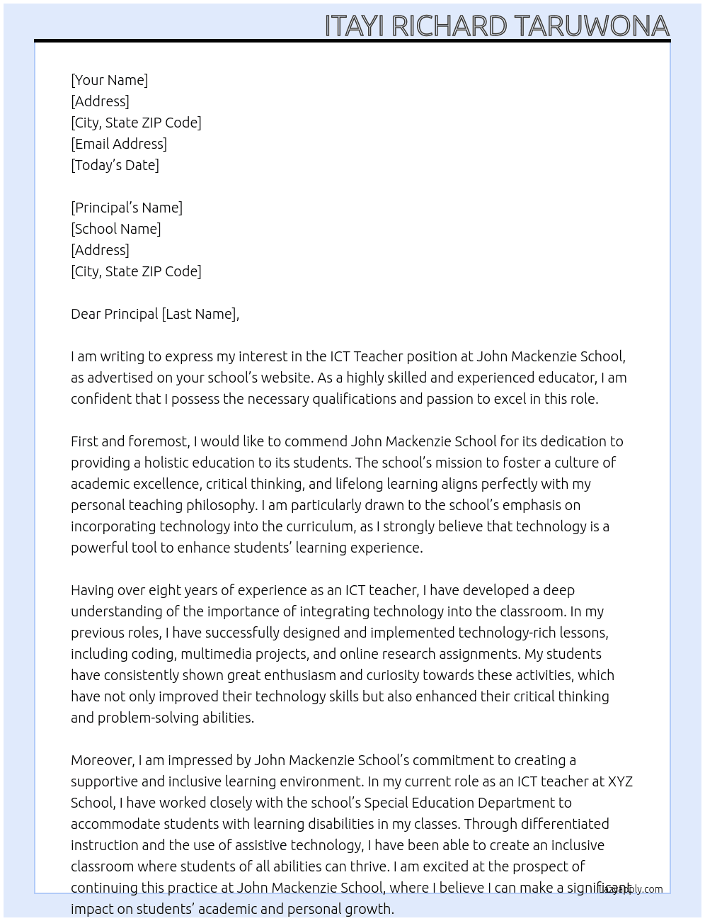 ICT Teacher At John Mackenzie School Cover Letter