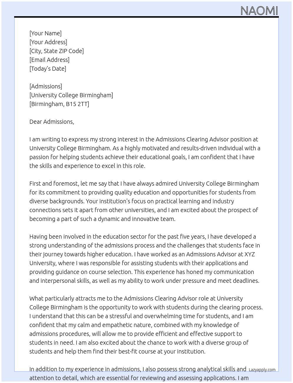 Admissions Clearing Advisor At University College Birmingham Cover Letter
