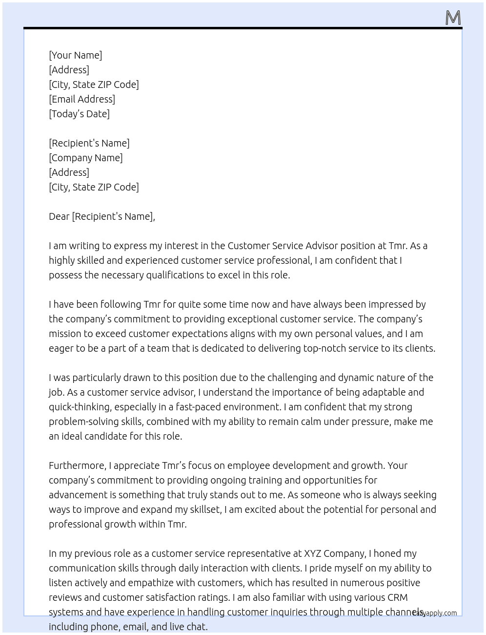 Customer service advisor  At Tmr Cover Letter