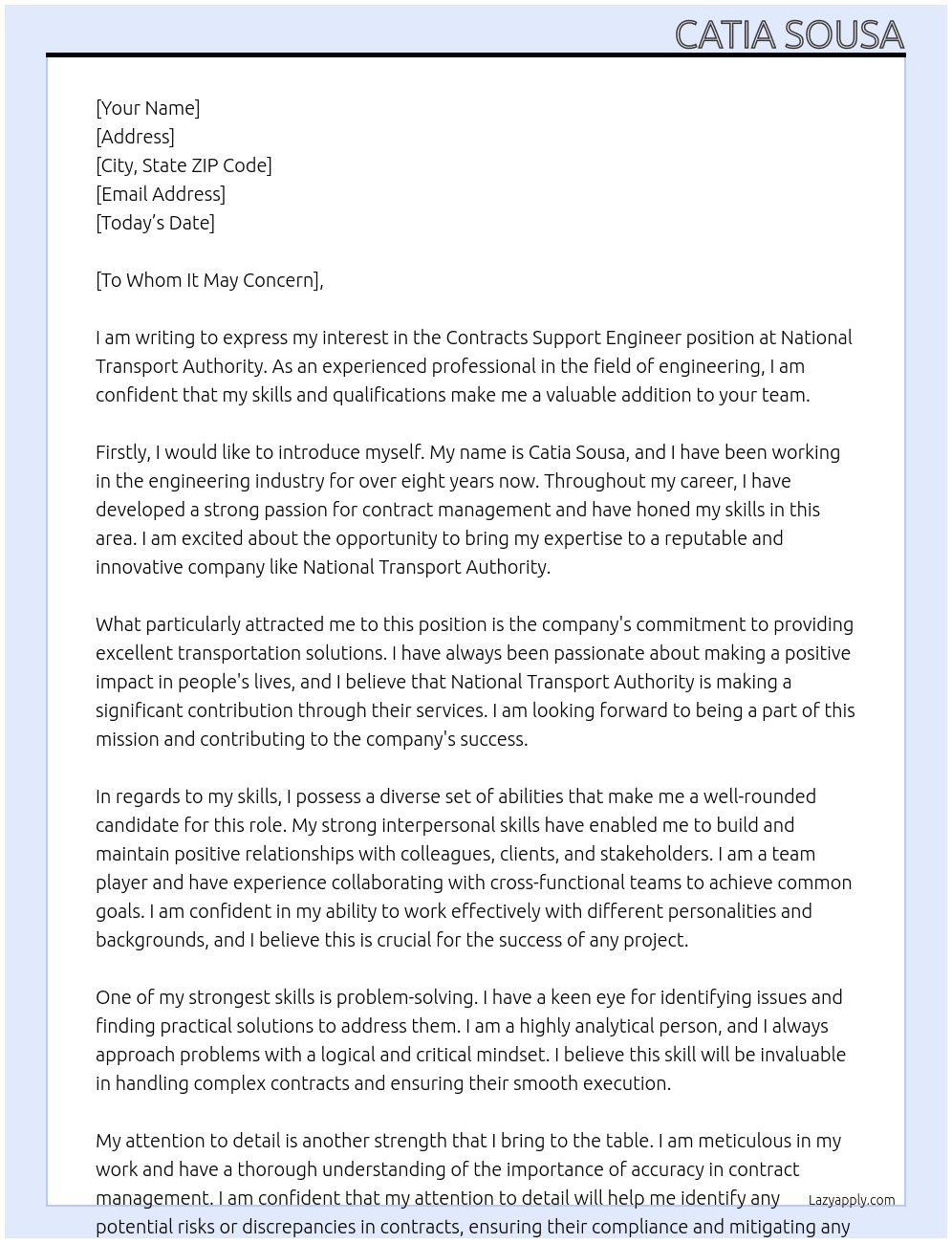 Contracts Support Engineer At National Transport Authority Cover Letter