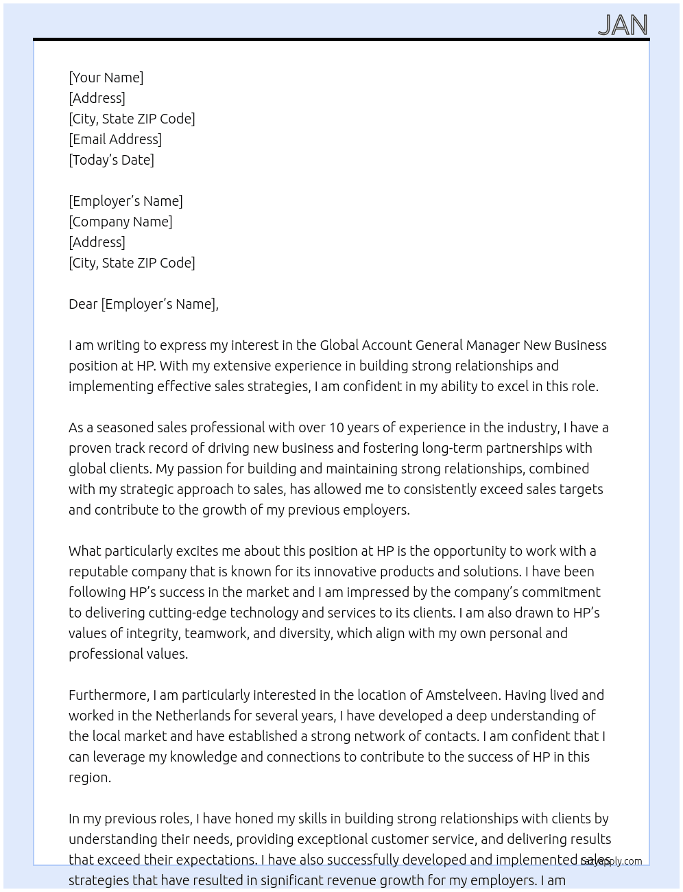 global account general manager new business At HP Cover Letter