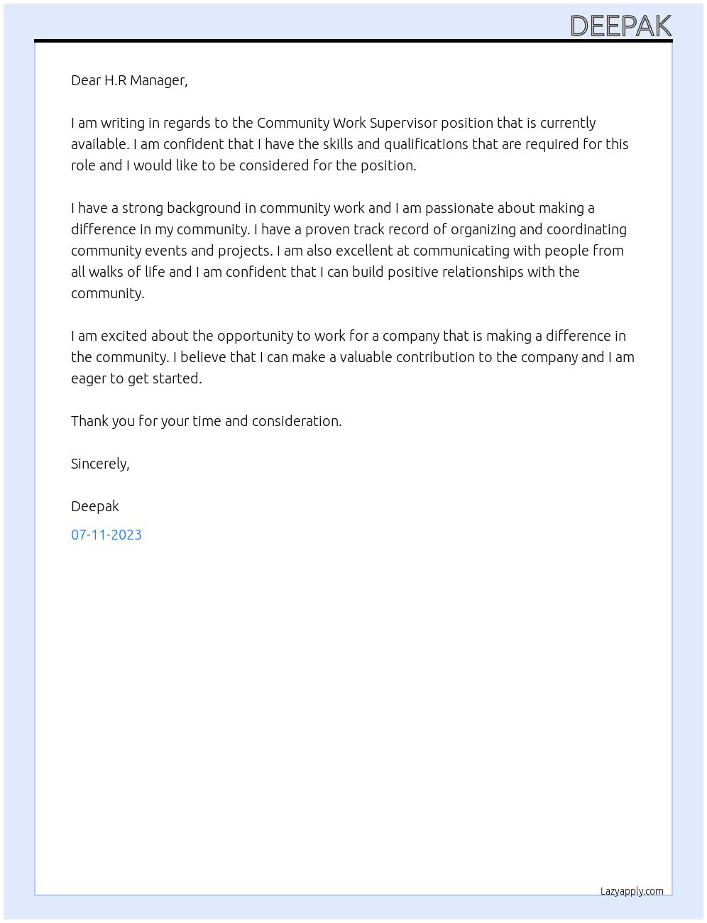 Community Work Supervisor At Community Work Supervisor Cover Letter