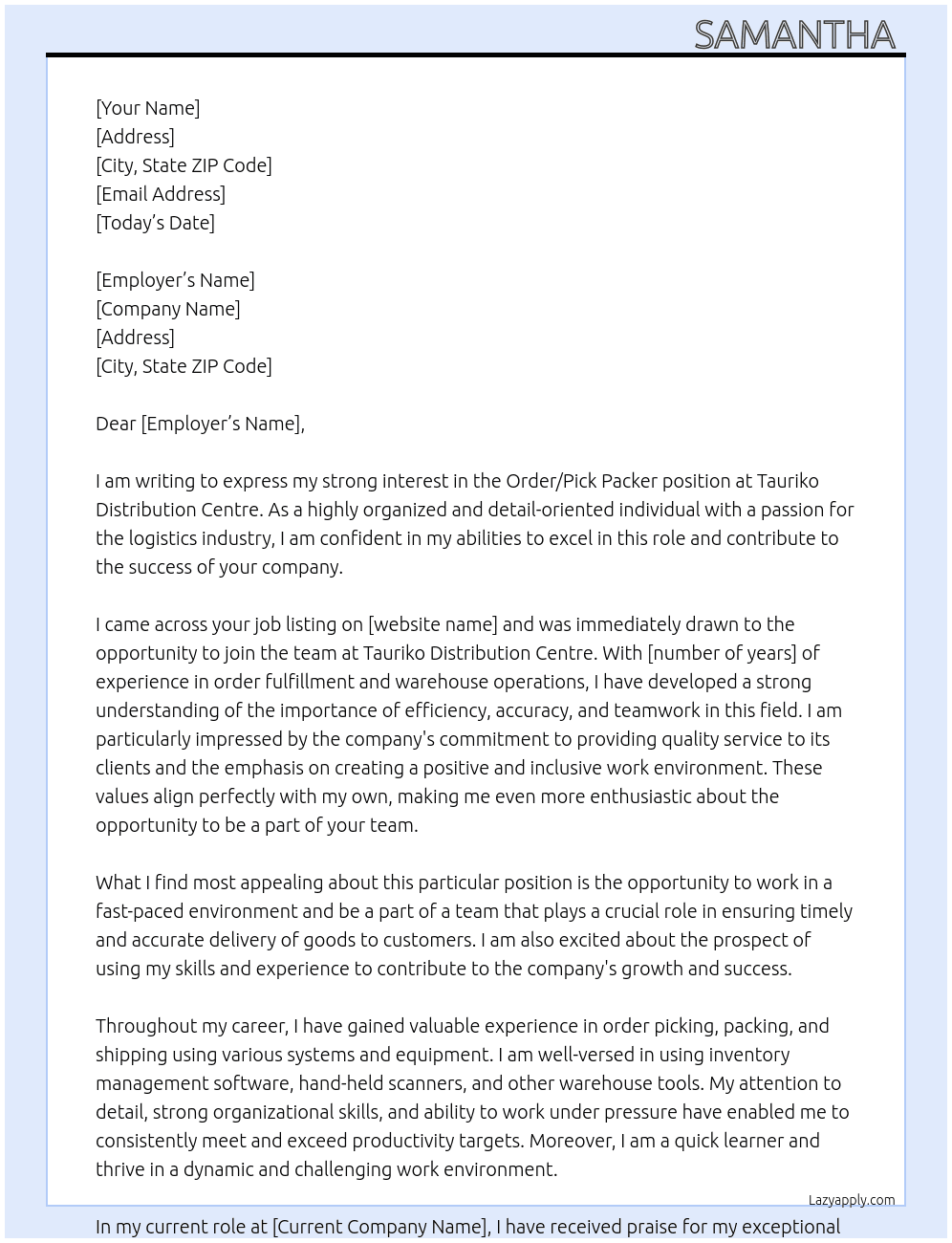 Order/pick packer At Tauriko distribution centre Cover Letter