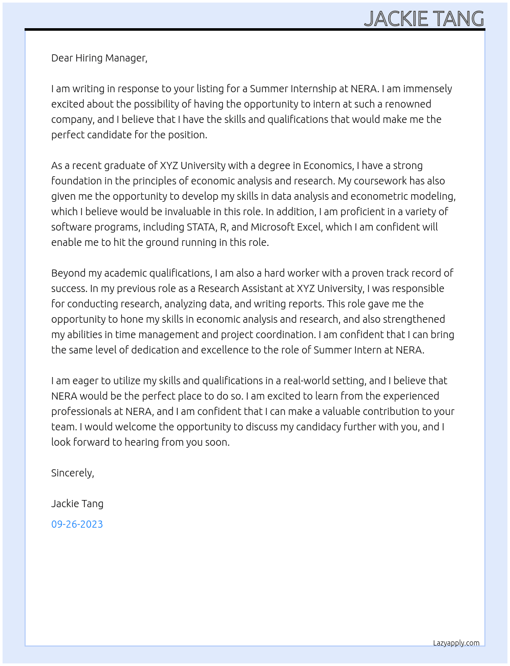 Summer Internship At NERA Cover Letter