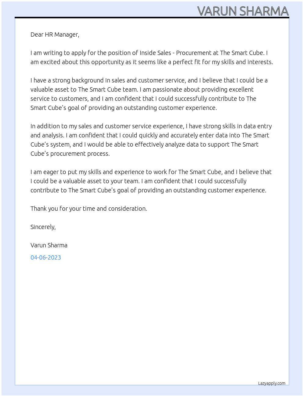 Inside Sales - Procurement  At The Smart Cube Cover Letter