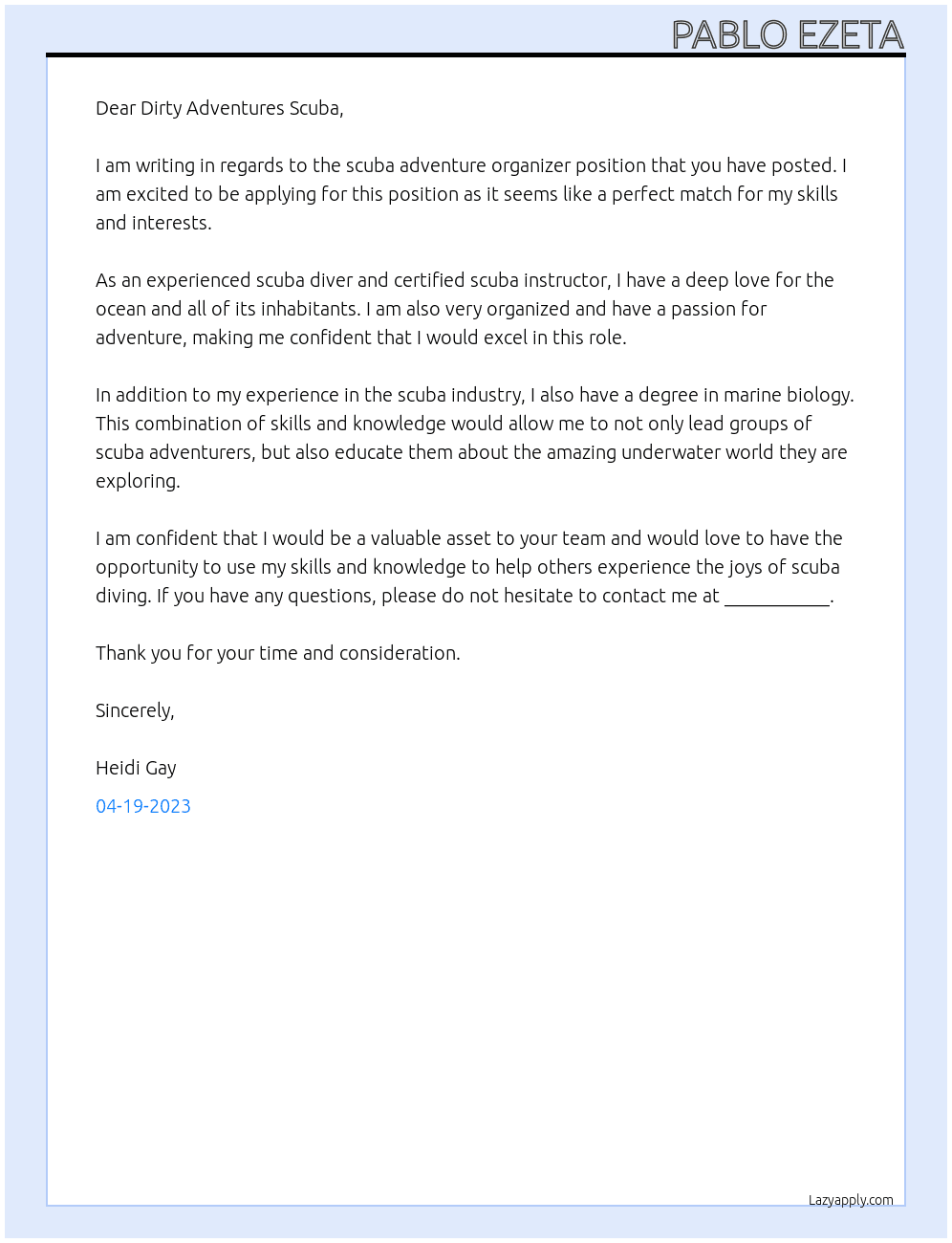 Scuba Adventure Organizer At Dirty Adventures Scuba Cover Letter
