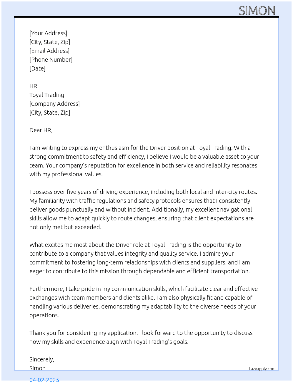 driver  At toyal trading  Cover Letter