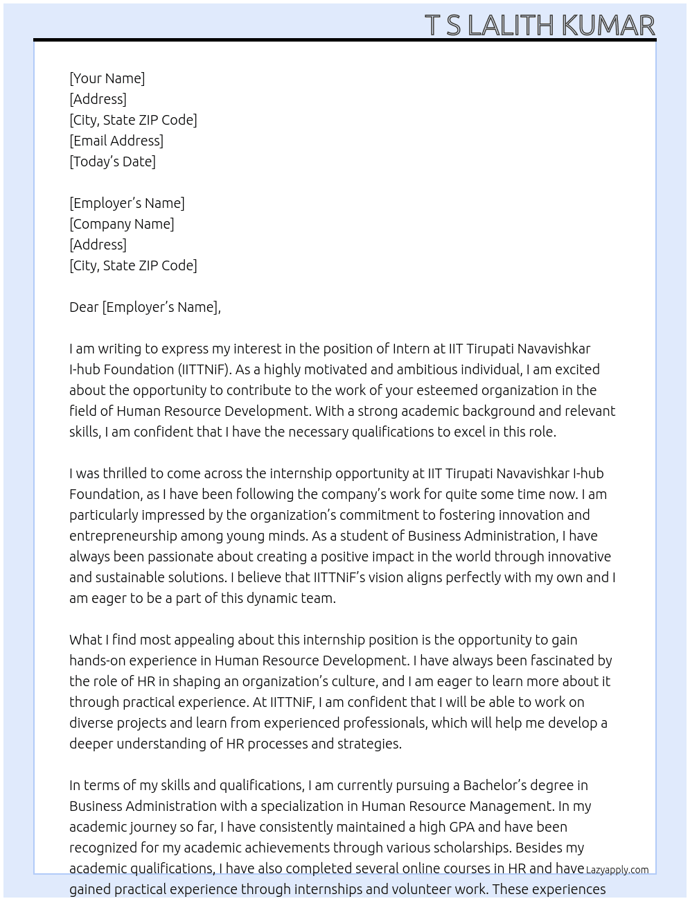 INTERN At IIT Tirupati Navavishkar I-hub Foundation  Cover Letter