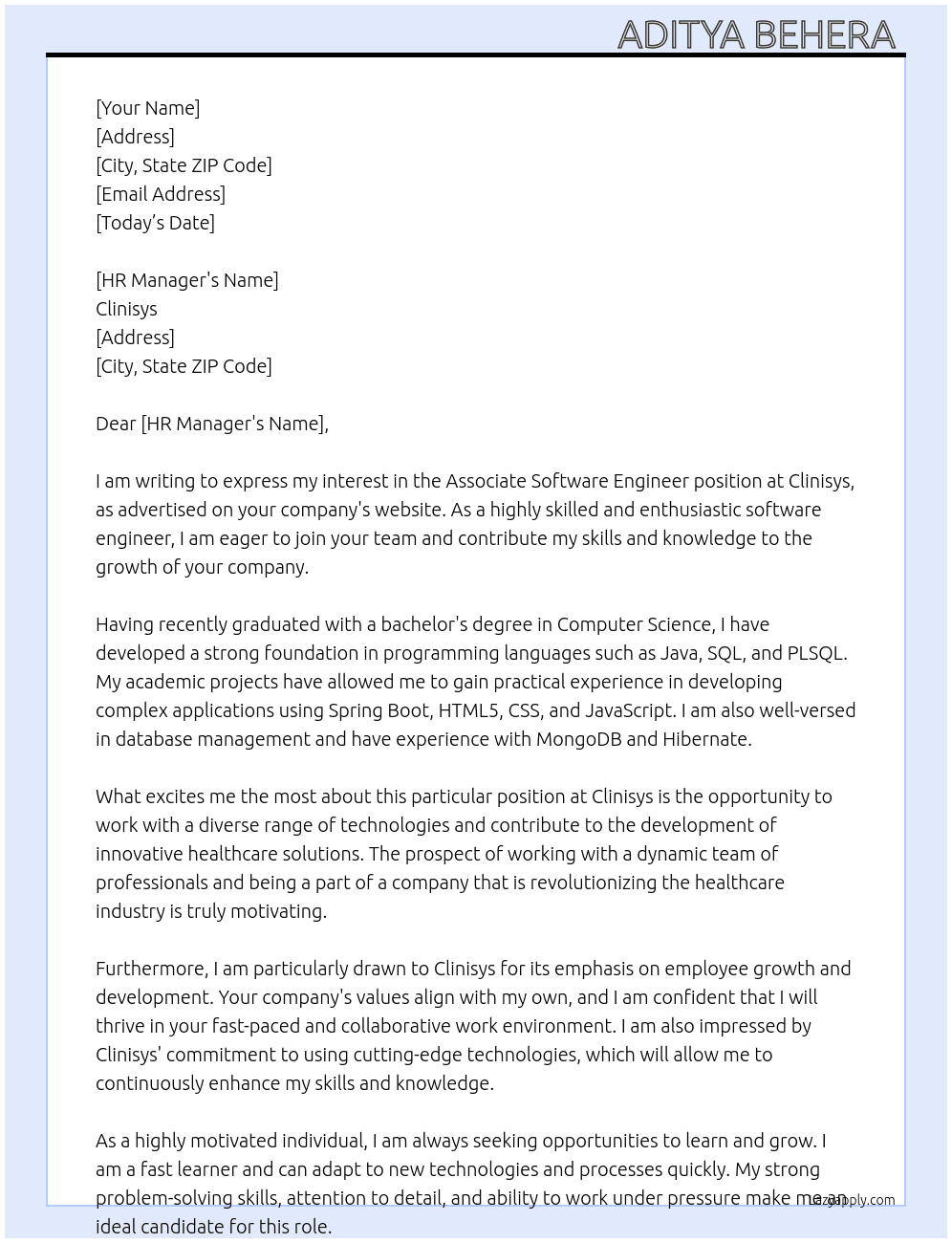 Associate Software Engineer  At Clinisys Cover Letter