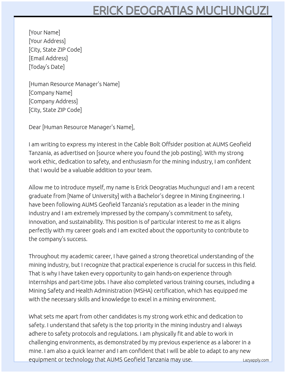 Cover letter for cable bolt offsider - LazyApply