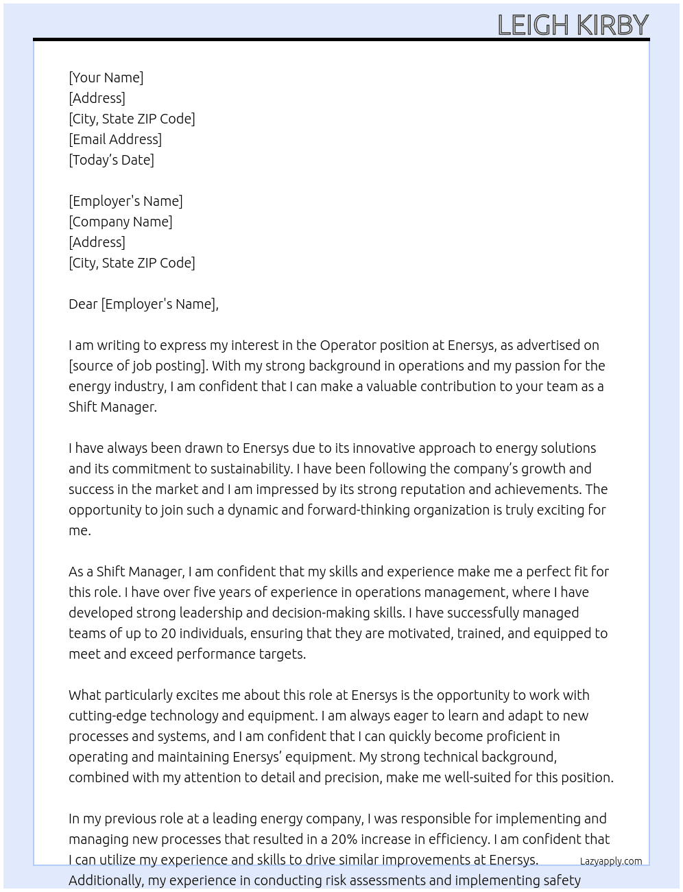 Operator  At Enersys Cover Letter