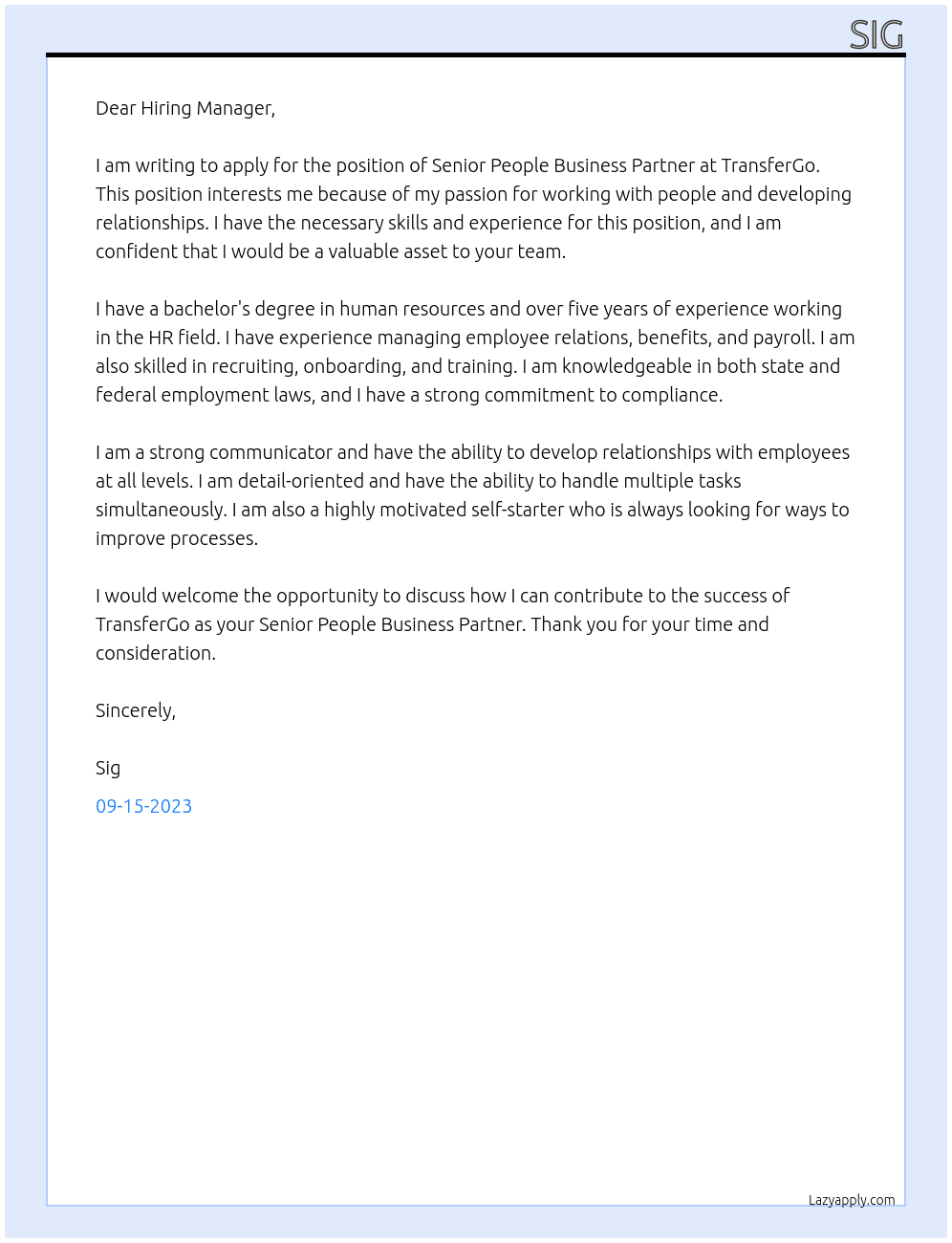Senior People Business Partner At TransferGo Cover Letter